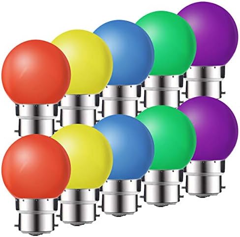 MZYOYO 10 Pack B22 Bayonet Coloured LED Light Bulbs,1W G45 Golf Ball Mini Globe Bulb,Red Yellow Blue Green Purple for Outdoor Indoor String, Christmas, Tree, Fairy Party Night Lights
