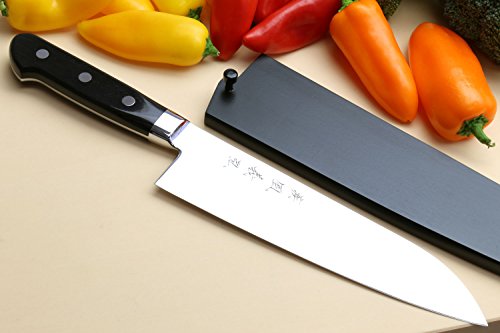 Yoshihiro High Speed Steel Santoku Multipurpose Chefs Knife (Black Pakkawood Handle) (7'' (180Mm) & Saya) #TOP4