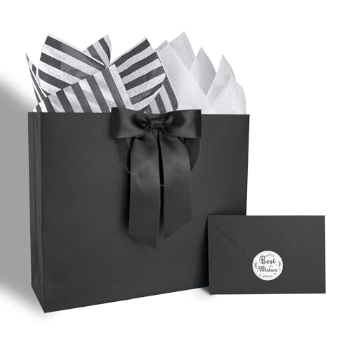 ZHIAXTON Black Gift Bags with Handles 11.8x3.9x9.8 Inch Gift Bags Medium Size with Tissue Paper Cards and Bow Black Gift Bag for Fathers Day Wedding Party Anniversary Mens Birthday