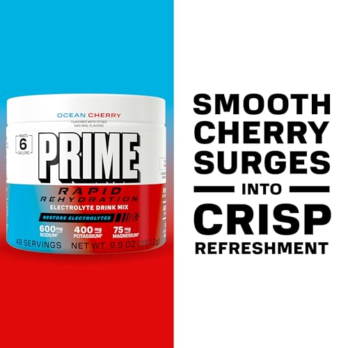 Image of Prime Rapid Rehydration Electrolyte Powder, Ocean Cherry, Sugar Free Hydration Drink Mix with Sodium, Potassium, Magnesium & B Vitamins to Replenish Fluids, Caffeine Free, 6 Gallon Tub, 48 SRV