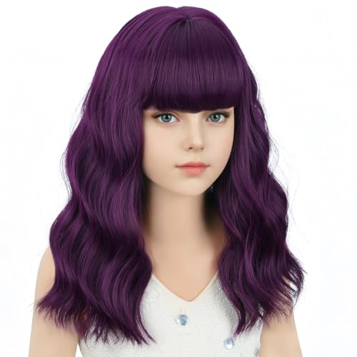 Image of Purple Wig Short Purple Wavy Curly Wigs Wig with Air Bangs Synthetic Cosplay Hair Wigs