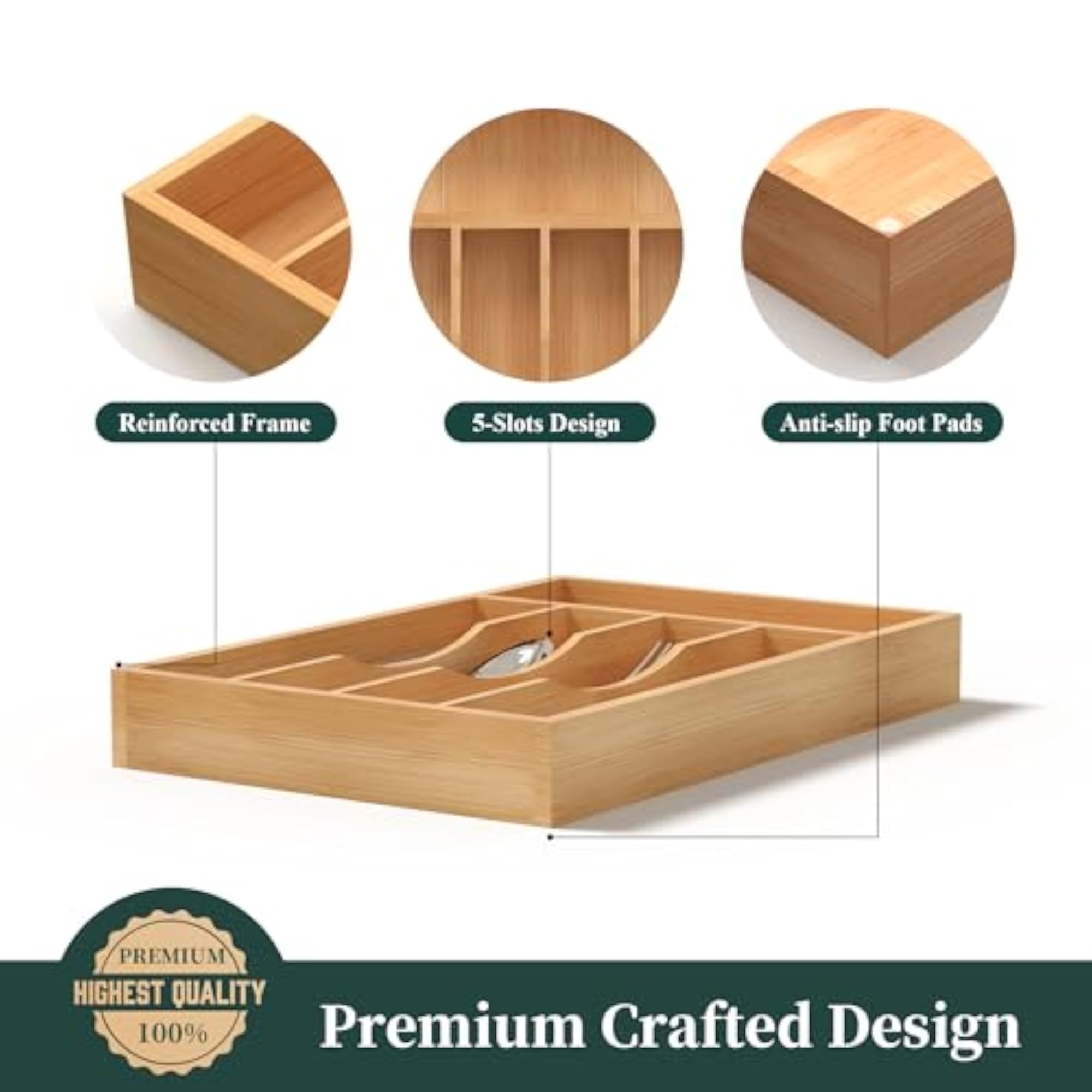 Bamboo Kitchen Drawer Organizer, Cutlery Tray & Utensil Holder