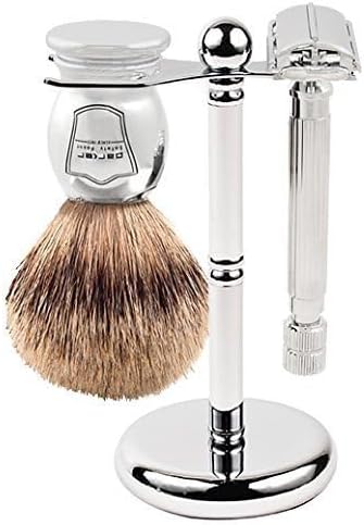 Parker 82R Heavyweight Double Edge Butterfly Safety Razor Set - Includes Badger Shave Brush, Chrome Stand and 5 Premium Platinum Razor Blades