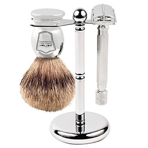 Parker 82R Heavyweight Double Edge Butterfly Safety Razor Set - Includes Badger Shave Brush Chrome Stand and 5