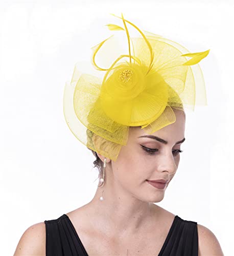Fascinator Women's Organza Church Kentucky Derby British Bridal Tea Party Wedding Hat Summer Ruffles Cap(hj-8-Yellow) - Thumbnail 2