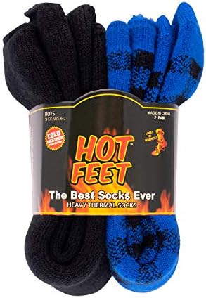 HOT FEET Boys and Girls 2 Pack Heavy Thermal Socks - Traps in Warmth - Thick Insulated Crew for Hiking and Cold Weather (Black/Blue)