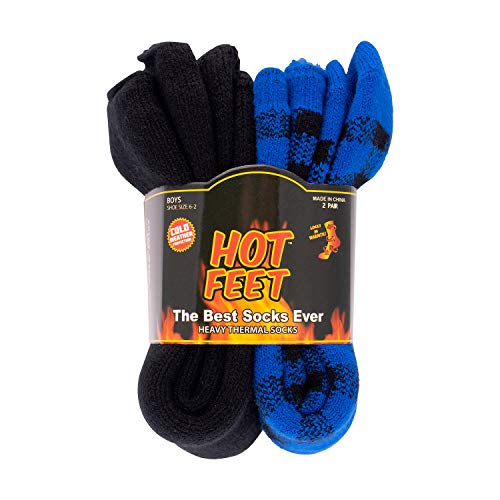 Hot Feet Boys And Girls 2 Pack Heavy Thermal Socks - Traps In Warmth - Thick Insulated Crew For Hiking And Cold Weather (Black/Blue) #TOP18