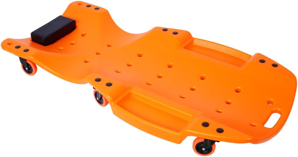 48 Inch Mechanics Creeper – Heavy-Duty Blow Molded Plastic Automotive Creeper with Padded Headrest, Dual Tool Trays & 440 lbs Capacity – Ergonomic HDPE Body with 6 Swivel Casters (Orange)