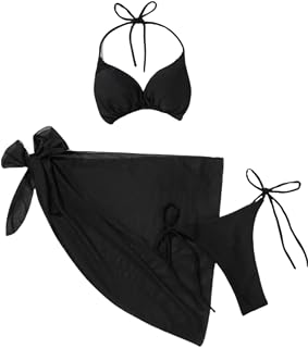 The Seventh Muse Black 3-Piece Bikini Set for Women | Halter Tie Triangle Top, Backless Bikini with Sarong | High Stretch ... Price In India