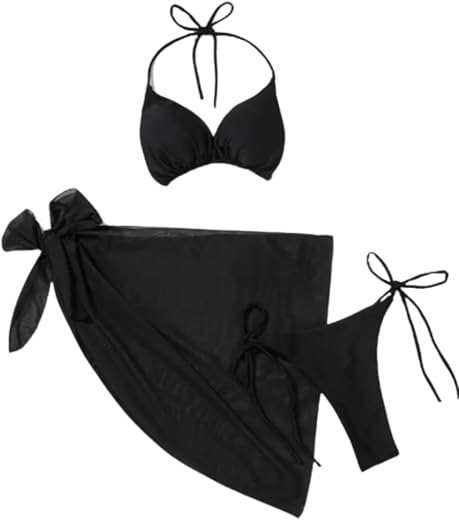 The Seventh Muse Black 3-Piece Bikini Set for Women | Halter Tie Triangle Top, Backless Bikini with Sarong | High Stretch ...