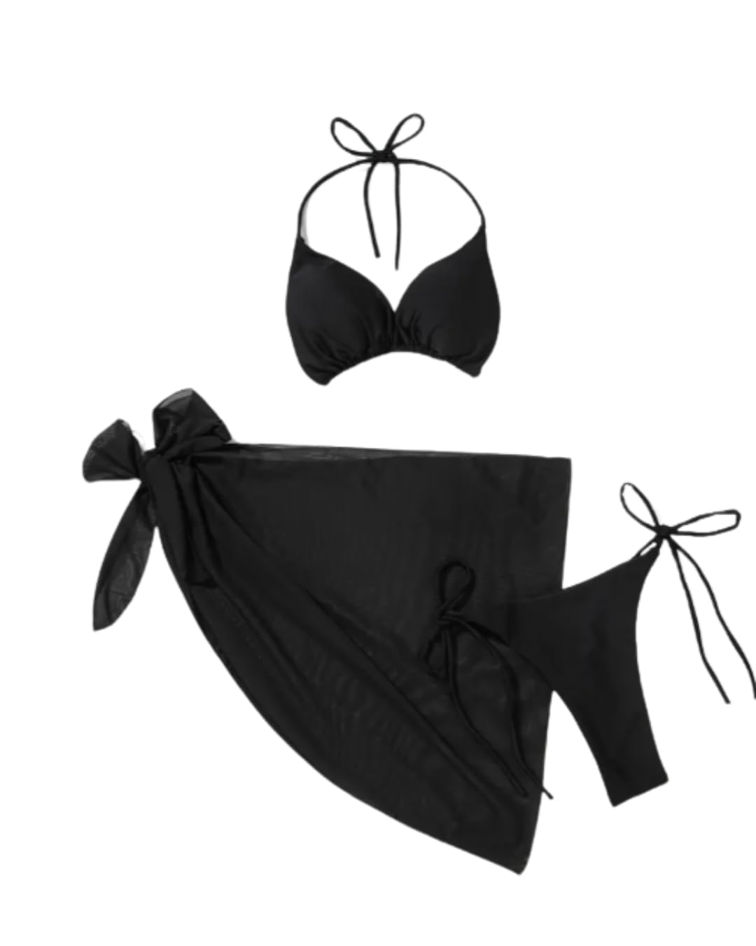 Black 3-Piece Bikini Set for Women | Halter Tie Triangle Top, Backless Bikini with Cover-Up | High Stretch Swimwear-picture-46