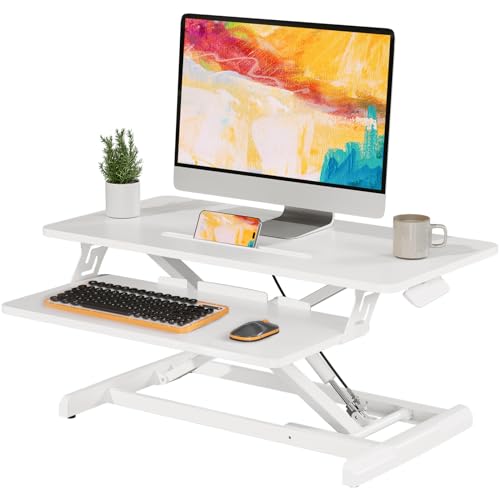 JOY worker Standing Desk Converter, 28\" Height Adjustable Sit Stand Up Desk Riser with Keyboard Tray, Desktop Workstation Riser for Home Office Computer Laptop, White