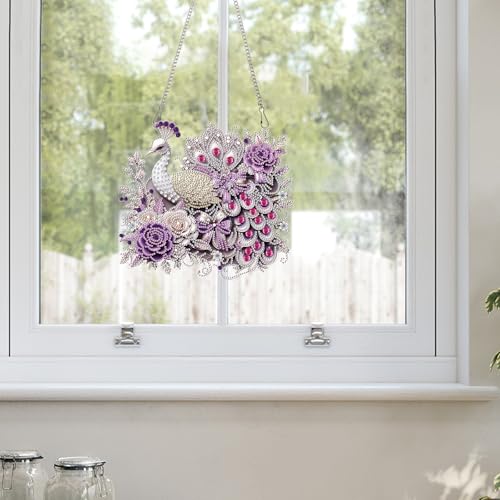 Image of Oversized Peacock Diamond Painting Hanging Ornament Kit for Adults | 5D Special Shape Diamond Art Hanging Kits for Adults, Acrylic Diamond Art Suncatcher Kits, Window Wall Home Decor