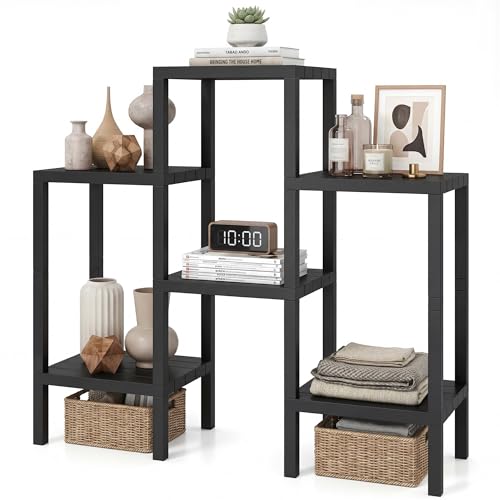 HAPPYGRILL 6-Tier Modular Storage Shelf Plastic Utility Display Rack, Multipurpose Plant Stand Freestanding Organizer for Living Room, Bathroom, Kitchen (Black)