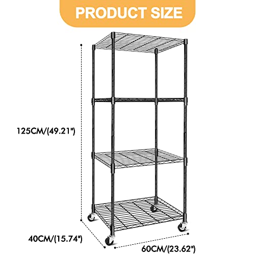 Hlyluo 4-Shelf Adjustable, Heavy Duty Storage Shelving Unit On Wheel Casters (210 Lbs Loading Capacity Per Shelf), Metal Organizer Wire Rack, Black (23.6L X 15.7W X 49.8H) #TOP5