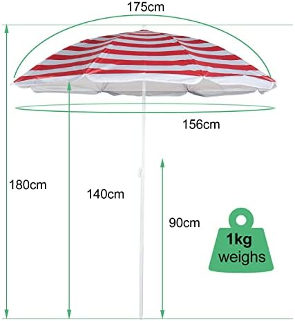 Unibos 1.7m Garden Beach Patio Tilting Tilt Umbrella Parasol Sun Shade Protection UPF40 Red-White Strip