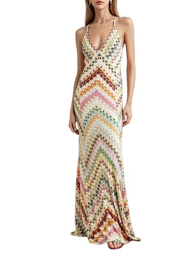 platlogy Women Chic Halter Neck Maxi Dress Chevron Print and