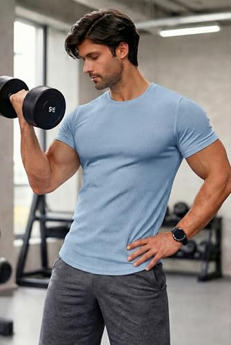 Image of JMIERR Mens Short Sleeve T Shirt Summer Muscle Slim Fitted Crewneck Longline Tees Shirts for Gym Workout
