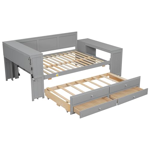 Ball & Cast Full Size Daybed with Trundle,Wood L-Shaped Platform Bed w/Storage Shelves & Drawers,Space-Saving Bedroom Furniture,Charging Station,LED Light,Desk and Cabinet,for Dorm,Apartment,Gray by Ball & Cast - Used condition - Image 8