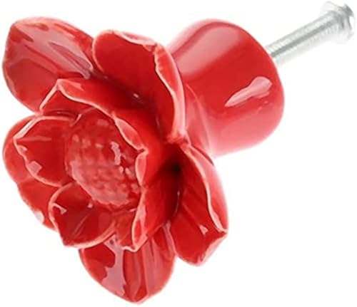 Miniatura 2 de Paquete de 10 pomos de cerámica roja para puerta de gabinete con flores de loto y flores, pomos de cerámica para cajones con tornillos de montaje,
