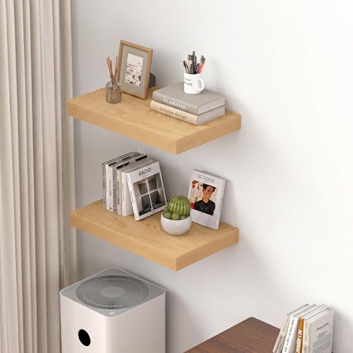 Image of Dreamland 20 inch Floating Shelves for Wall, 12 inch Deep Thicker Floating Shelves, Wall-Mounted Shelves for Bedroom, Living Room, Kitchen, Bathroom, Oak - Set of 2