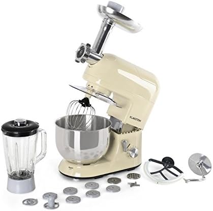 Klarstein Lucia - Stand Mixer, Food Processor and Blender, Meat Grinder, 1300 W, 5 liters, Planetary Mixing System, Mixing Cup, 6-Speed, Various Attachements, Stainless Steel Bowl, Cream