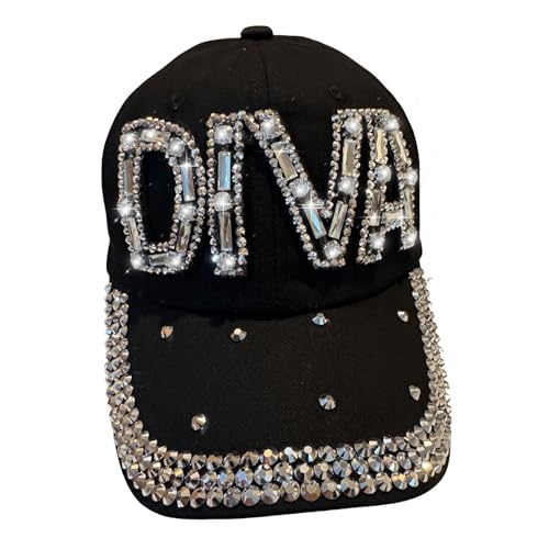 Popfizzy Bling Diva Baseball Hats for Women Trendy Trucker Hat Rhinestone Sparkle Ball Cap Black Baseball Caps with Words