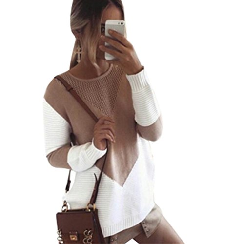 ZKOO Damen Strickpullover Langarm Rundhals Hohl Pulli Loose Stitching Strick Pullover Herbst und Winter Strickpulli Pullover Kamel Cover