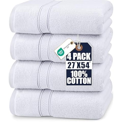 Utopia Towels 4 Pack Premium Bath Towels Set, 27 by 54 Inches, 100% Ring Spun Cotton 600GSM, Lightweight and Highly Absorbent Quick Drying Towels, Perfect for Daily Use, White Cover