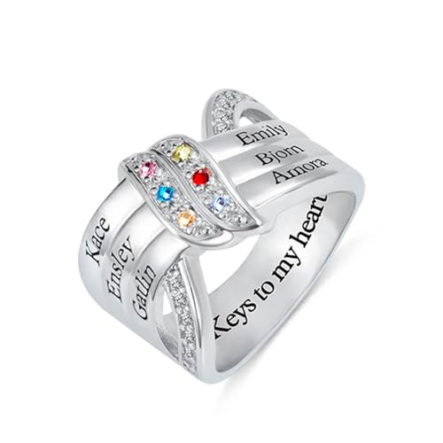 callie Personalized Mom Birthstones Ring, Custom Engraved Names Sterling Silver Size 5-12 Grandma Family Rings, Customized Anniversary Promise Rings Birthday Jewelry Gifts,Ribbon Knot Style