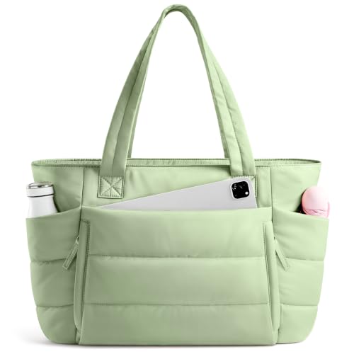 Uselike Tote Bag for Women with Zipper, Quilted Puffer Tote Bag with Compartments, Lightweight Puffy Work Bags for Women Travel (Foam Green)