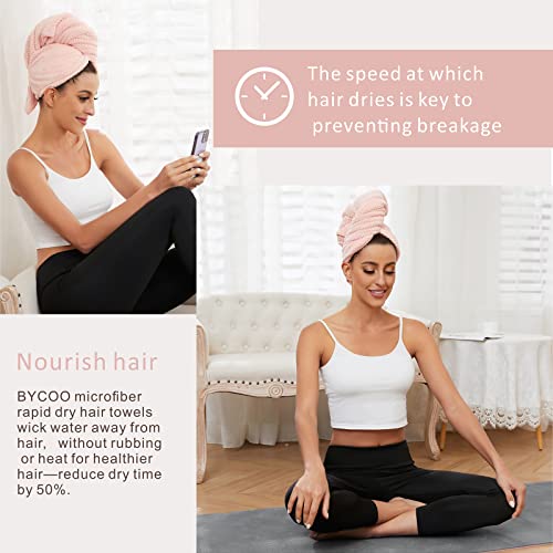 BYCOO Microfiber Hair Towel Wrap for Women, Anti Frizz Large Ultra-Soft Hands-Free Hair Dry Towels, Fast Drying | Super Absorbent | Quick Dry Hair Turban for Wet, Curly, Long & Thick Hair - Pink