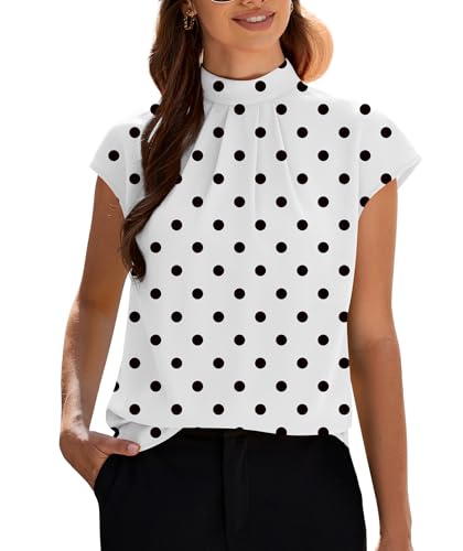 Image of Funlingo Womens Summer Tops Mock Neck Short Cap Sleeve Blouses Business Casual Work Chiffon Shirts Front Pleated Tunic Top
