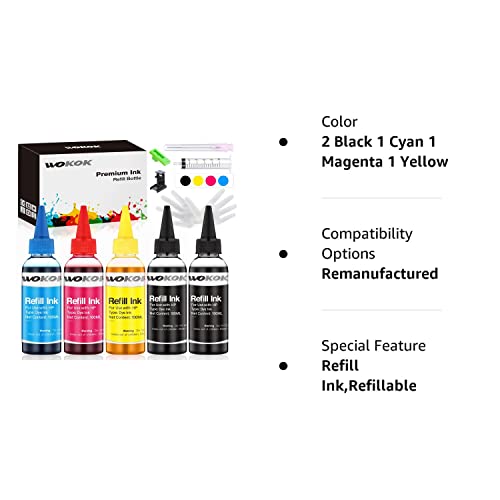 Wokok Refill Ink Kit For Hp 67 67Xl 63 63Xl 65 65Xl 61 61Xl 950 950Xl 951Xl 902Xl 952Xl Ink Cartridges, 100Ml X 5 Bottles With Syringes (2 Black 1 Cyan 1 Magenta 1 Yellow) #TOP6