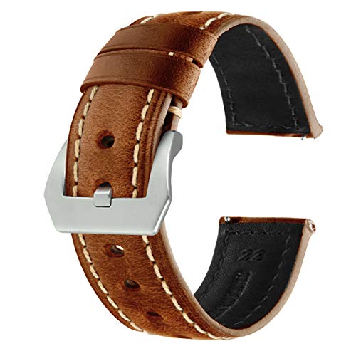 Moonooda Genuine Leather Watch Band Men Quick Release Watch Strap Elastic replacement Greased Leather Watch Bands 18mm 20mm 22mm High Tension Oilwax Cow Women Calfskin Strap, Brown(22mm)