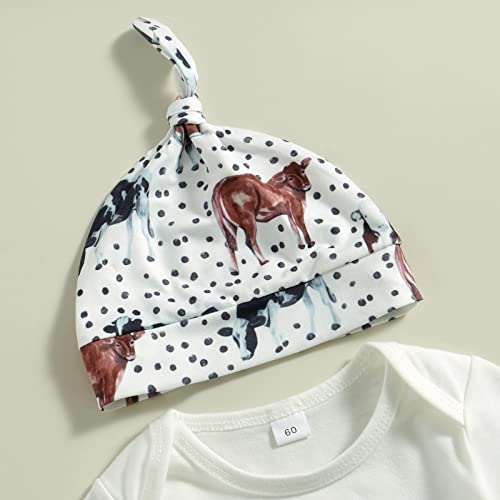 Newborn Baby Boy Clothes New To The Herd Romper Cow Print Pants Hat 3Pcs Set Western Coming Home Outfit (B-White, 0-3 Months) #TOP3