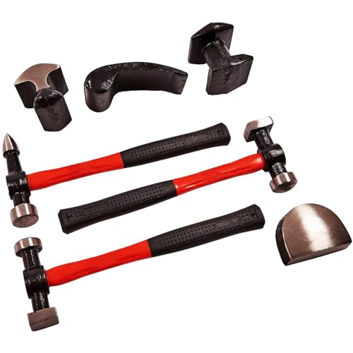 7pc Professional Auto Body Repair Kit Panel Beating RED Fibreglass Hammer Handles with Rubber Grip Shrinking Dollies Automotive Car Dent Remover Dolly Garage Workshop DIY Hand Tools UK Free P&P