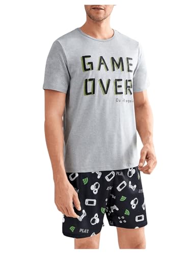 WDIRARA Men's Slogan Graphic 2 Piece Pajama Set Short Sleeve Sleepwear Lounge Shorts Sets