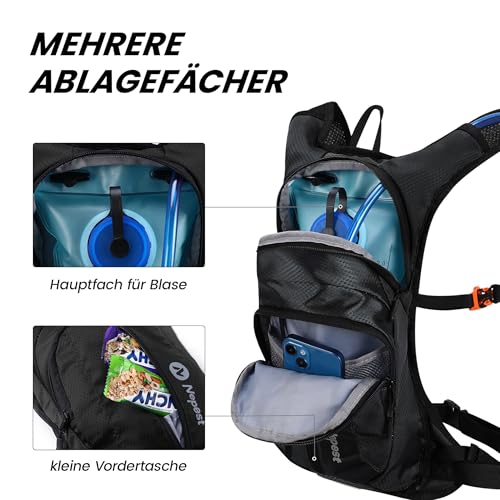 Nepest Trinkrucksack 8L - Fahrradrucksack & Skirucksack mit 2L Trinkblase | Ideal für MTB, Laufen & Skifahren | Verstellbarer Brust & Taillengurt mit Sicherheitspfeife - Schwarz
