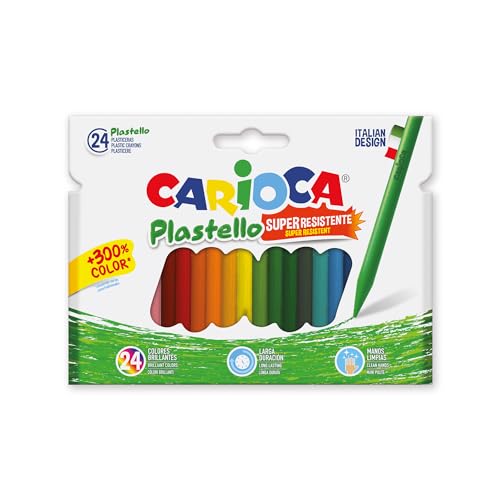 Carioca Plastello, Pastelli A Cera Lavabili Per Bambini, Resistenti, Colori Assortiti E Brillanti, Facili Da Temperare, 24 Pezzi