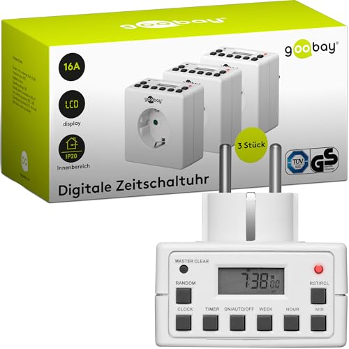 Goobay 55542 Digitale Zeitschaltuhr Innen – Geräuschlos - Programmierbar - Dauerbetrieb möglich – 10 Schaltprogramme - Back Up Akku f. 4 Tage – Unauffälliges Design - 3er Set
