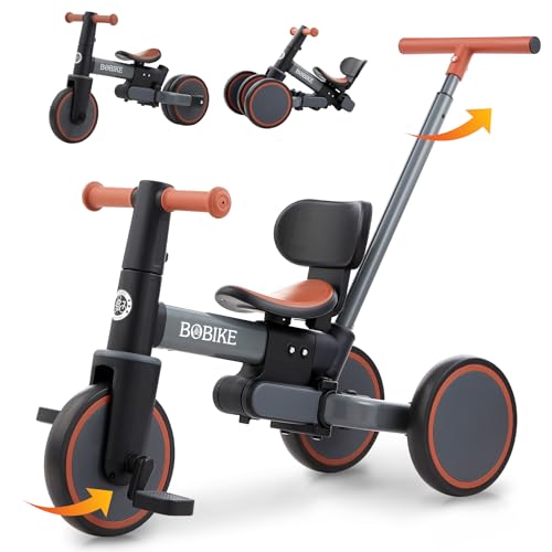 Bobike 5-in-1 Tricycle for Toddlers 18 Months to 5 Years Old, Toddler Bike, Kids Tricycle with Push Handle and Backrest, Toddler Balance Bike with Easy Assembly for Boys and Girls. (Grey)