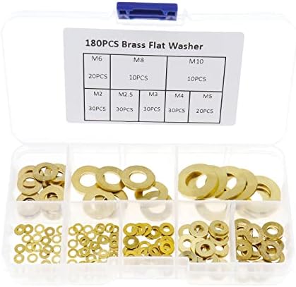 180PCS Brass Flat Washer Assortment Set 8 Sizes M2 M2.5 M3 M4 M5 M6 M8 M10 Pad Sheet Metal Collar Sealing Rings with Storage Box