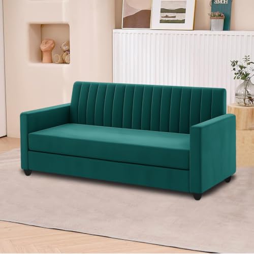 Image of 3+2 Fabric Wooden Sofa Set with Ottoman for Living Room | Modern Upholstered 5-Seater Couch | Soft Cushion, Premium Velvet Fabric-Green