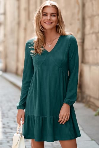 Image of Dokotoo Womens Dresses Long Sleeve V Neck Lightweight Ribbed Knit Empire Waist Casual A Line Swing Mini Dress