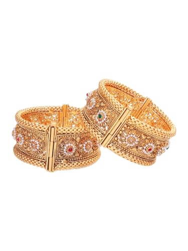 Efulgenz Indian Bangles for Women Gold Tone Bracelet Bangle Set Crystal Floral Engraved Style Hinge Openable Big Broad Bracelet Bangles Indian Bridal Jewelry for Wedding Bollywood Fashion Jewelry (2 Pcs)
