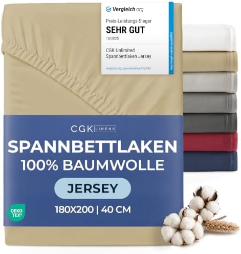 Spannbettlaken Jersey 180x200 - Baumwolle Boxspringbett 40cm tief - Beige | Spannbetttuch, Rundumgummi, Dehnbar, Weich, Atmungsaktiv, Knitterfrei, Pflegeleicht, Baumwoll-Jersey, Bi