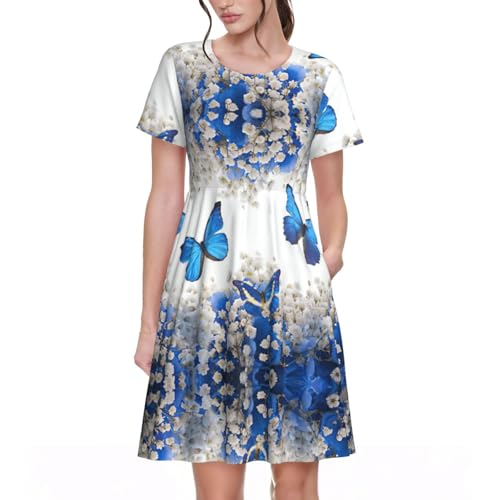 Robe d'été décontractée femme col rond manches courtes à poches motif fleurs