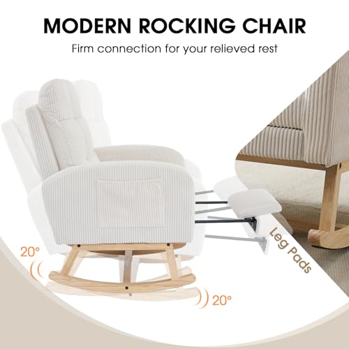 Image of NIOIIKIT Nursery Rocking Chair, Corduroy Upholstered Rocking Chair with Adjustable Footrest, Tufted Rocker Chair with Side Pocket, Glider Rocker for Living Room, Bedroom (Cream Retro)