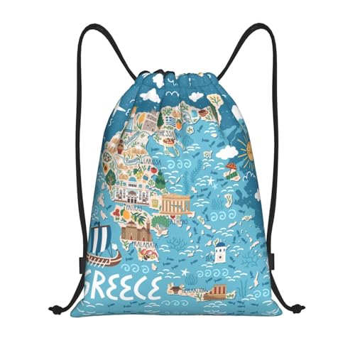 Greece Map Print Drawstring Bag Yoga Bag Gym Bag Sackpack Sports Beach Backpack for Men Women